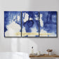 Three-panel canvas wall art featuring saturated abstract color fields, displayed in a bathroom above a bathtub.