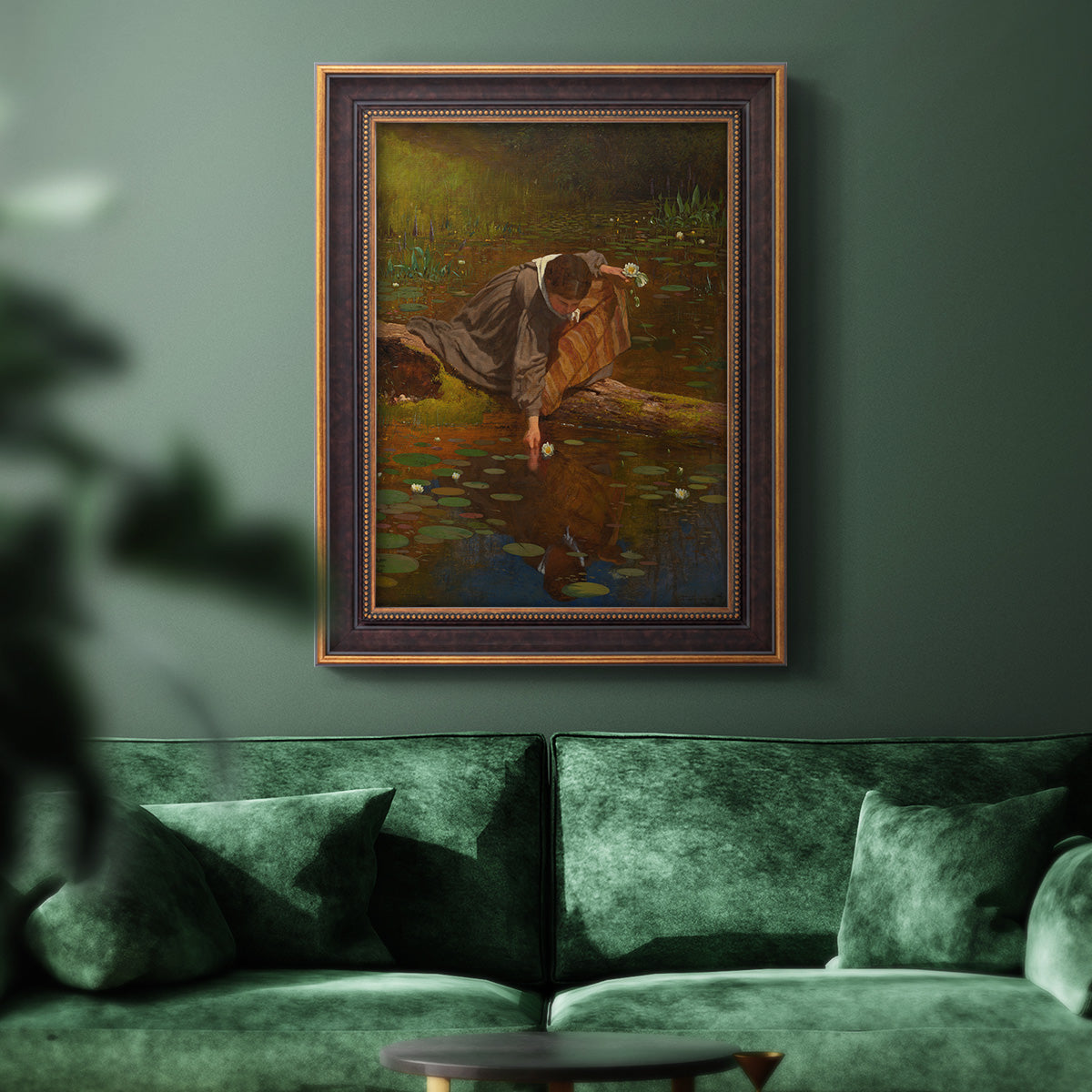 Realist genre painting of figures gathering lilies by Eastman Johnson in an ornate bronzed mahogany wood frame displayed in a dark-toned interior setting.