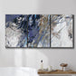 Three-panel canvas wall art featuring textured blue abstract composition, displayed in a bathroom above a bathtub.