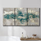 Three-panel canvas wall art featuring layered mineral abstract textures, displayed in a bathroom above a bathtub.