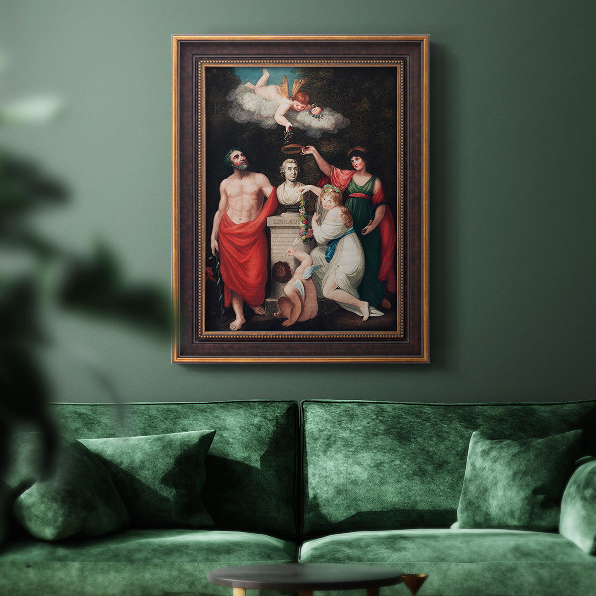 Classical allegorical painting honoring Linnaeus by Robert John Thornton in an ornate bronzed mahogany wood frame displayed in a dark-toned interior setting.