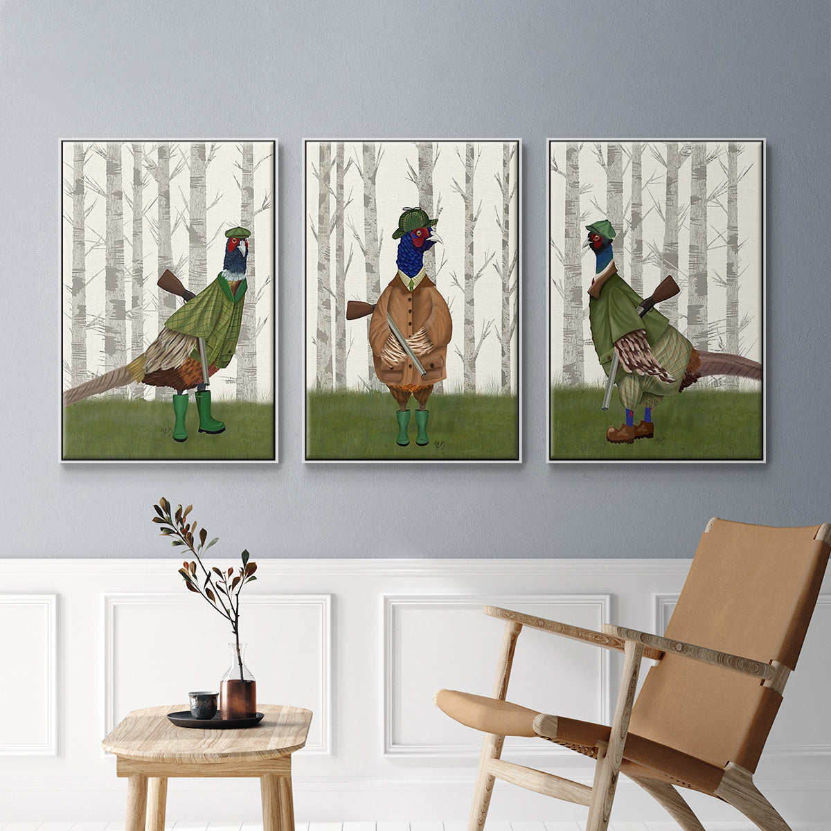 Pheasant Shooting Party 1 - Framed Premium Gallery Wrapped Canvas L Frame 3 Piece Set - Ready to Hang