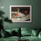 Impressionist still life painting of fish by Édouard Manet in an ornate weathered white frame displayed in a dark-toned interior setting.