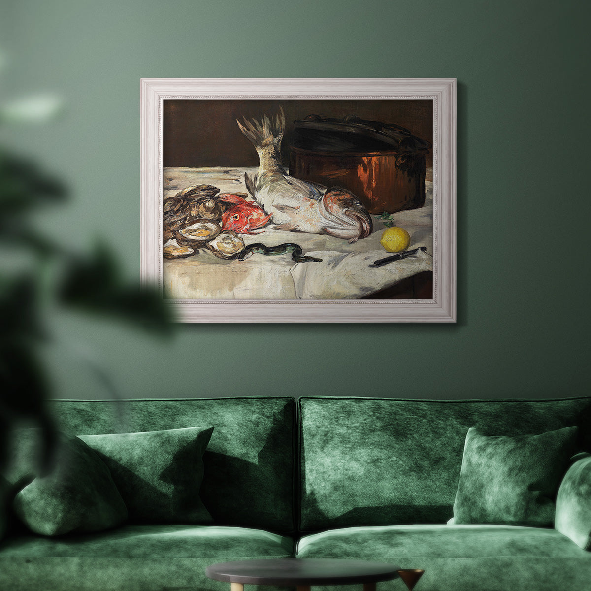 Impressionist still life painting of fish by Édouard Manet in an ornate weathered white frame displayed in a dark-toned interior setting.