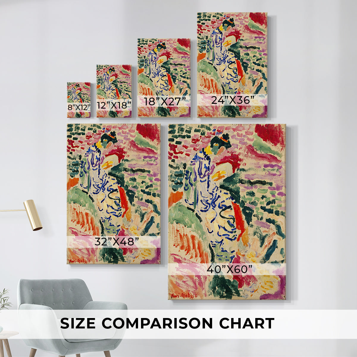 Size comparison chart for canvas art prints, showing multiple size options.