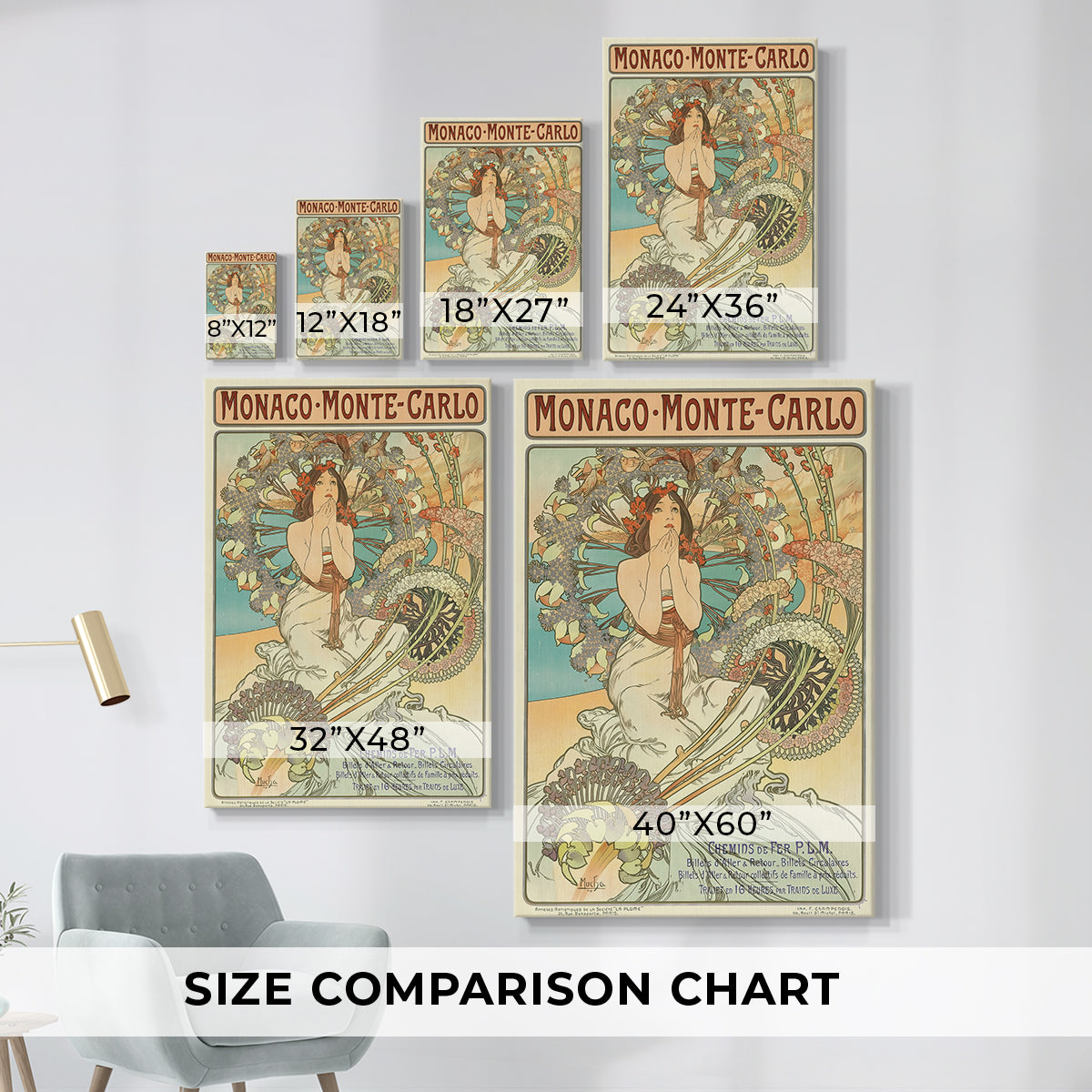 Size comparison chart for canvas art prints, showing multiple size options.