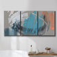 Three-panel canvas wall art featuring playful abstract mark making, displayed in a bathroom above a bathtub.