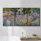 Three-panel canvas wall art featuring blooming irises in garden bed, displayed in a bathroom above a bathtub.