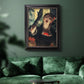 Impressionist portrait of a café singer by Edgar Degas in an ornate black frame with gilded inner detail displayed in a dark-toned interior setting.