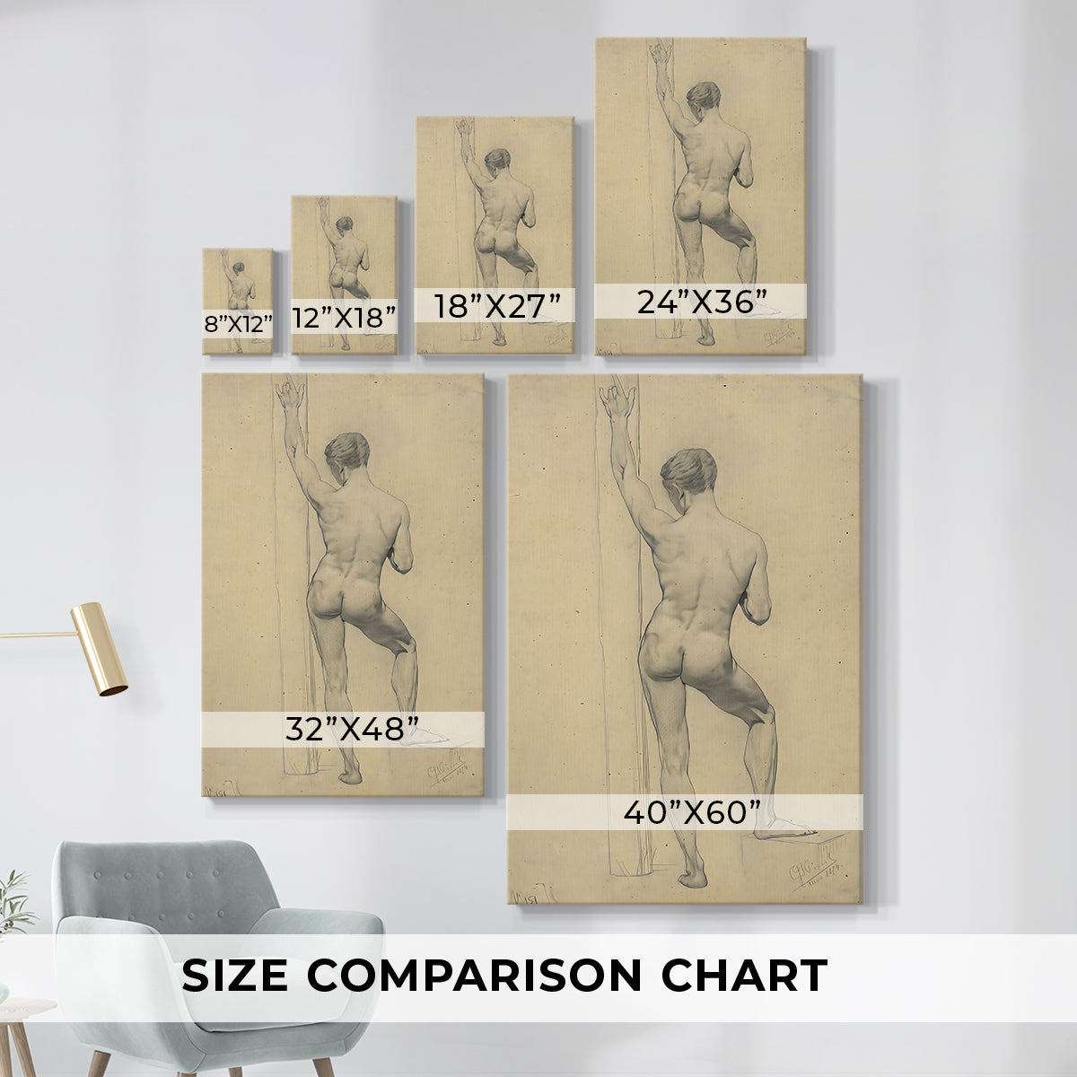 Size comparison chart for canvas art prints, showing multiple size options.