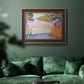 Pointillist coastal seascape by Paul Signac in an ornate bronzed mahogany wood frame displayed in a dark-toned interior setting.