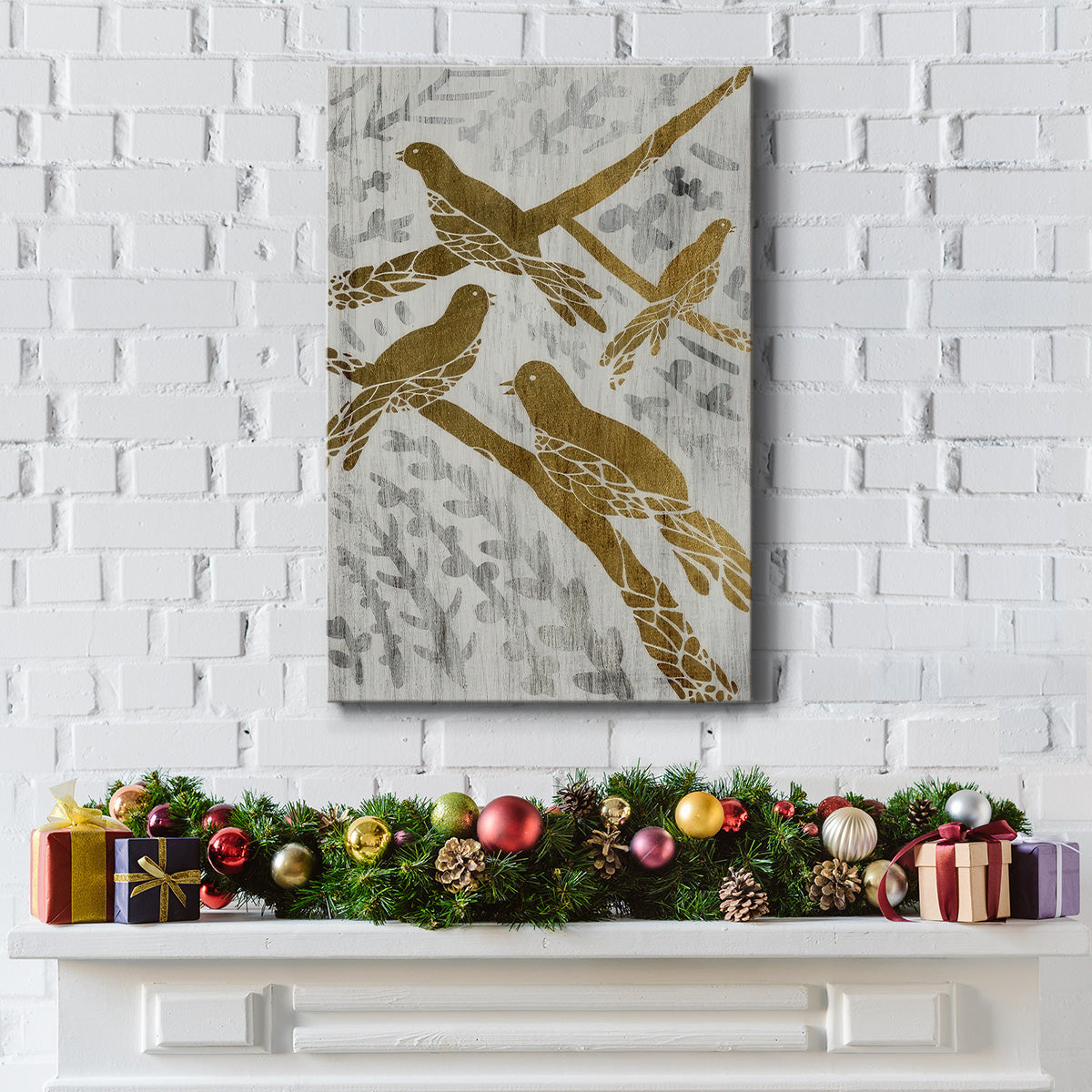 Four Calling Birds  - Gold Leaf Holiday - Gallery Wrapped Canvas