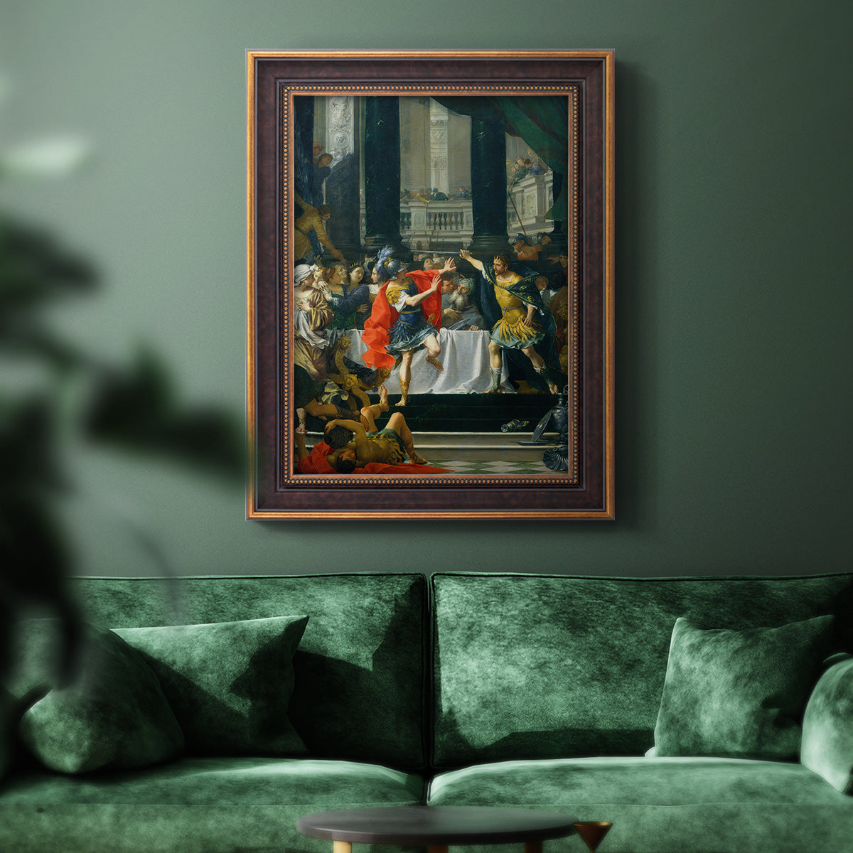 Classical historical painting of Alexander the Great by Donato Creti in an ornate bronzed mahogany wood frame displayed in a dark-toned interior setting.