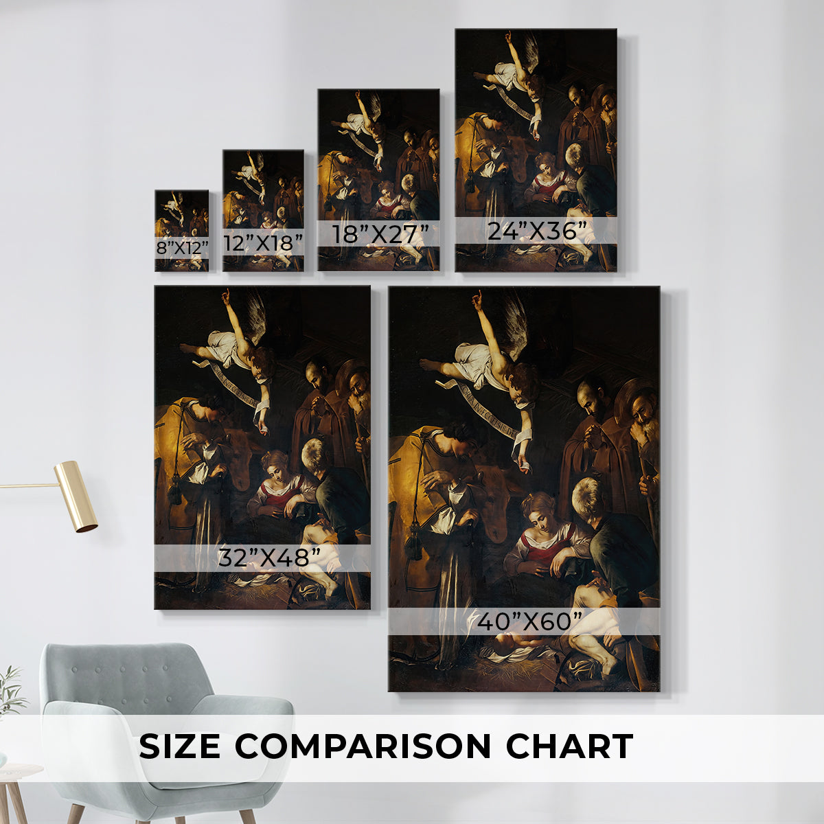 Size comparison chart for canvas art prints, showing multiple size options.