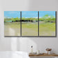 Three-panel canvas wall art featuring abstract terrace landscape view, displayed in a bathroom above a bathtub.