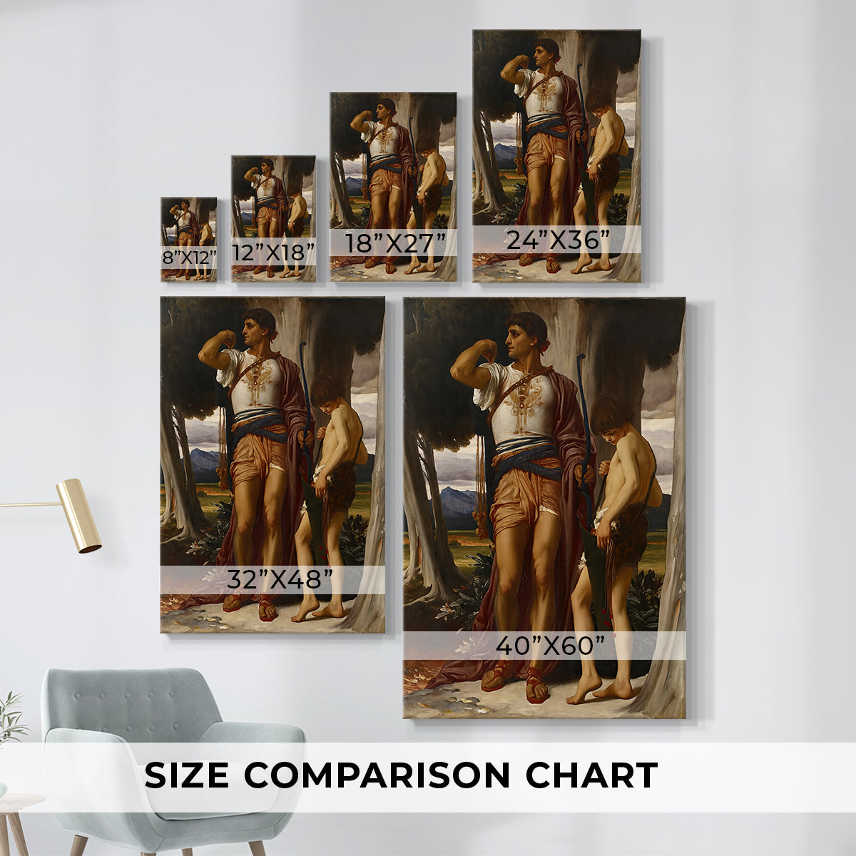 Size comparison chart for canvas art prints, showing multiple size options.