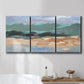 Three-panel canvas wall art featuring abstract landscape composition study, displayed in a bathroom above a bathtub.