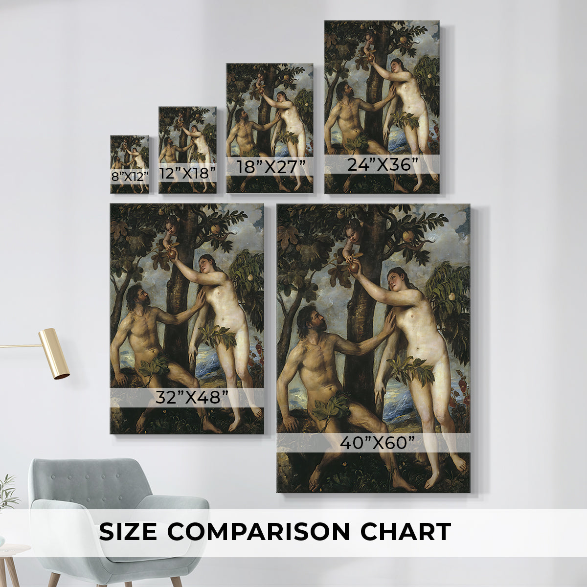 Size comparison chart for canvas art prints, showing multiple size options.