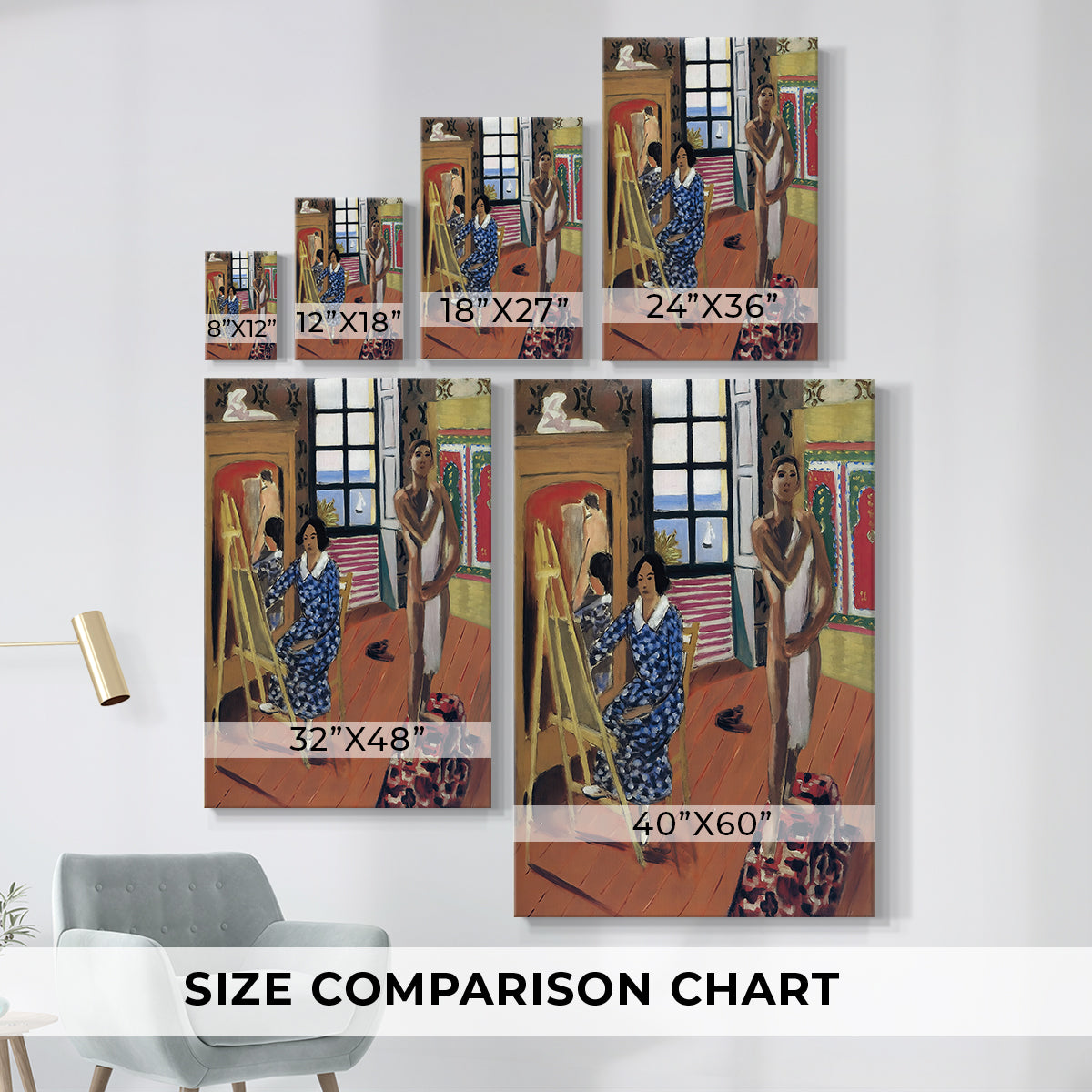 Size comparison chart for canvas art prints, showing multiple size options.