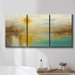 Three-panel canvas wall art featuring warm abstract end of summer palette, displayed in a bathroom above a bathtub.