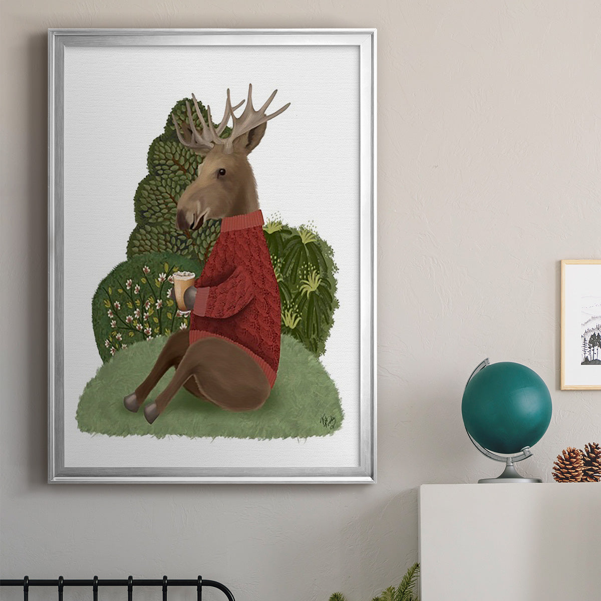Latte Moose in Sweater - Modern Framed Canvas Print