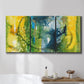 Three-panel canvas wall art featuring energetic abstract aquatic color motion, displayed in a bathroom above a bathtub.
