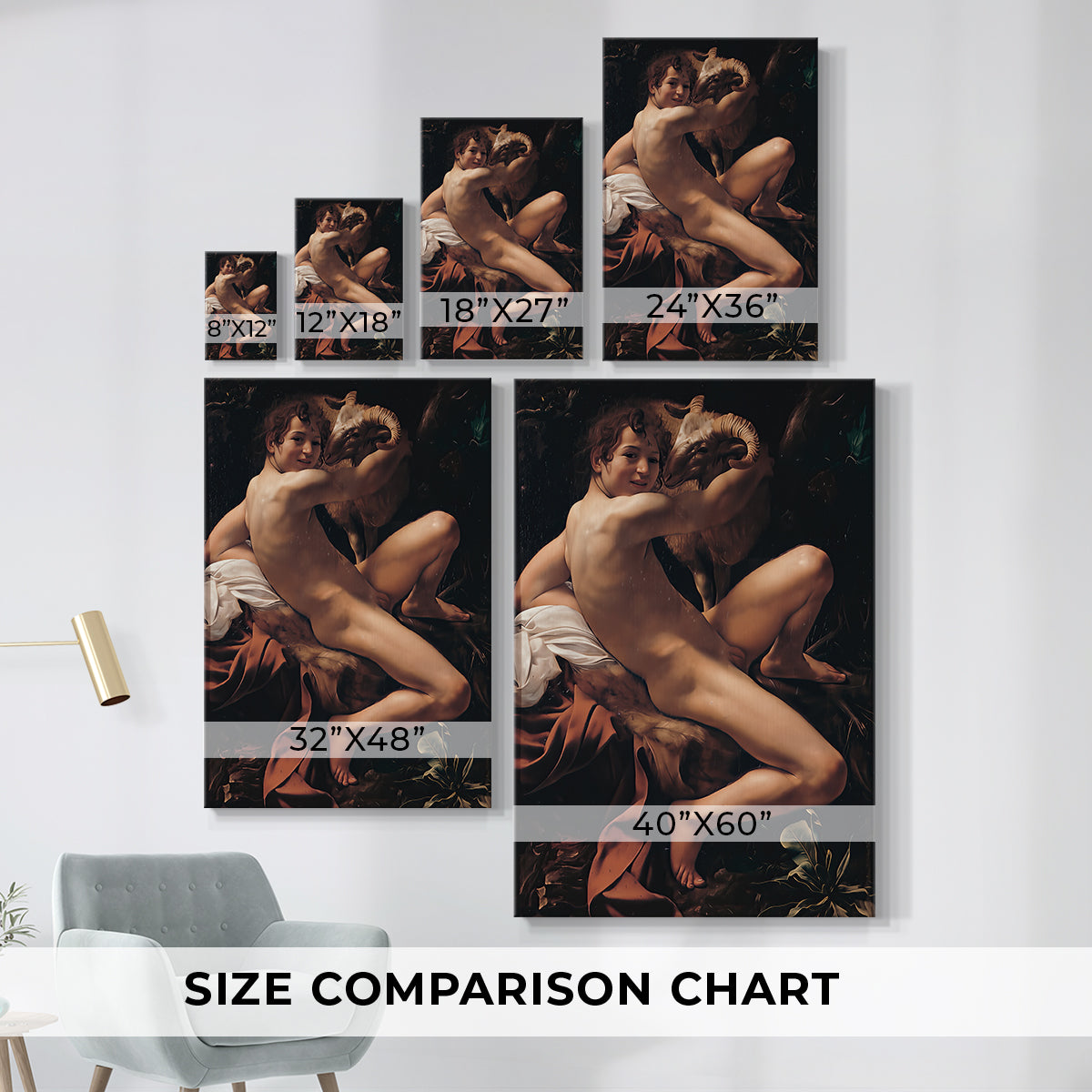Size comparison chart for canvas art prints, showing multiple size options.