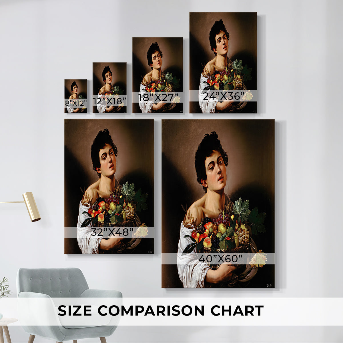 Size comparison chart for canvas art prints, showing multiple size options.