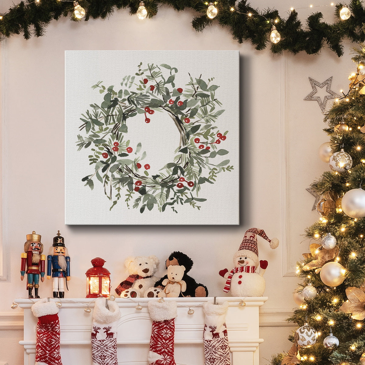 Holly Farmhouse Wreath I-Premium Gallery Wrapped Canvas - Ready to Hang