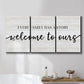 Three-panel canvas wall art featuring tropical beach at sunset photograph, displayed in a bathroom above a bathtub.