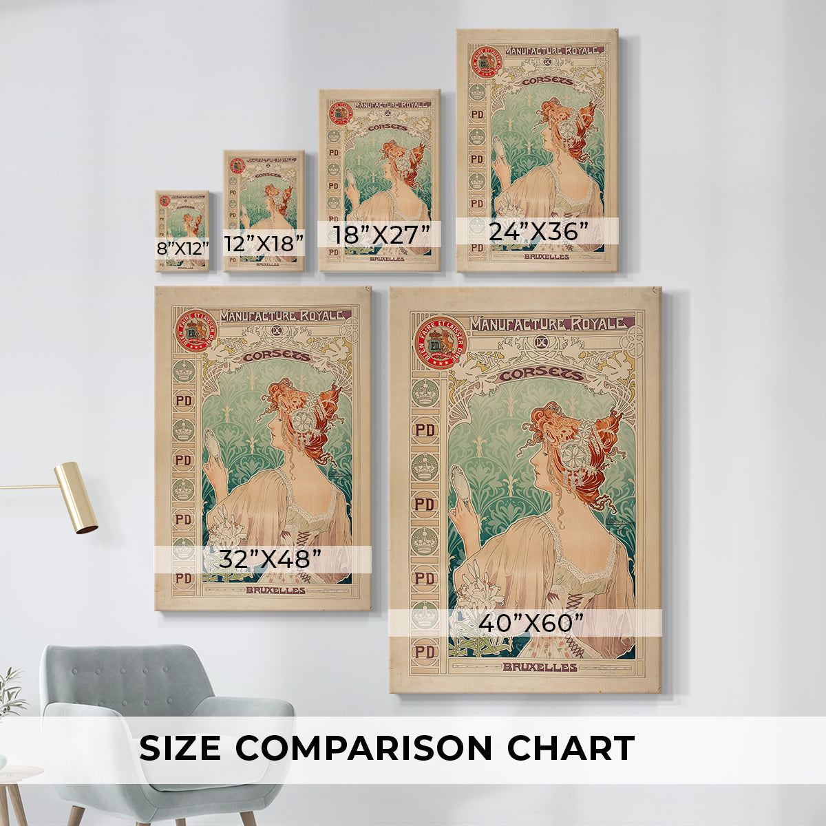 Size comparison chart for canvas art prints, showing multiple size options.