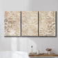 Three-panel canvas wall art featuring ornamental damask abstract pattern, displayed in a bathroom above a bathtub.