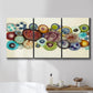 Three-panel canvas wall art featuring mid century geometric red pathway, displayed in a bathroom above a bathtub.