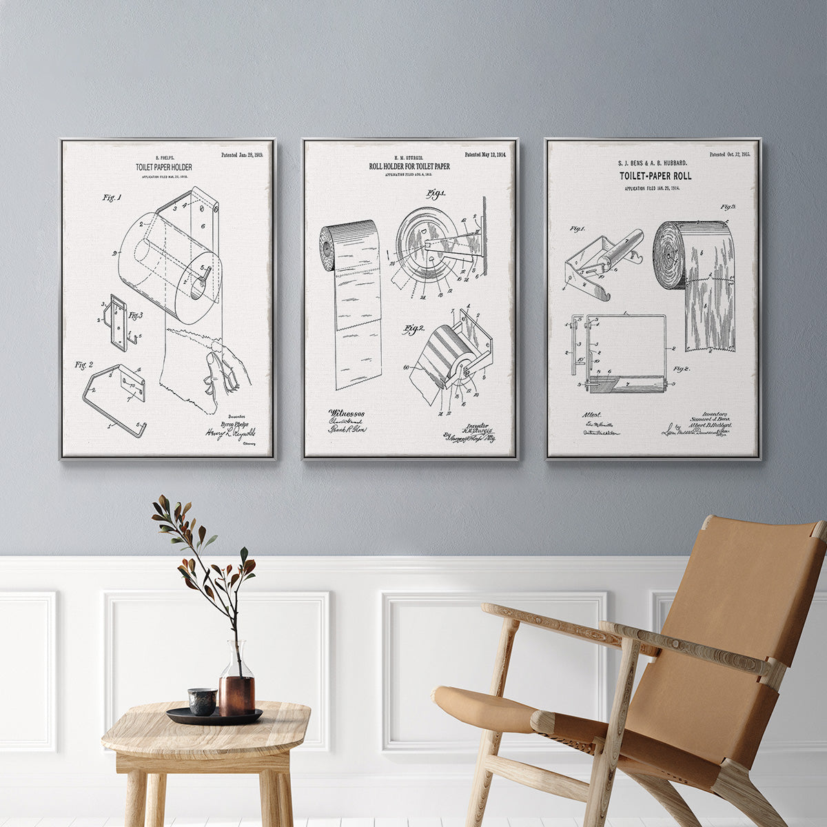 Toilet Paper Patent I - Framed Premium Gallery Wrapped Canvas L Frame 3 Piece Set - Ready to Hang