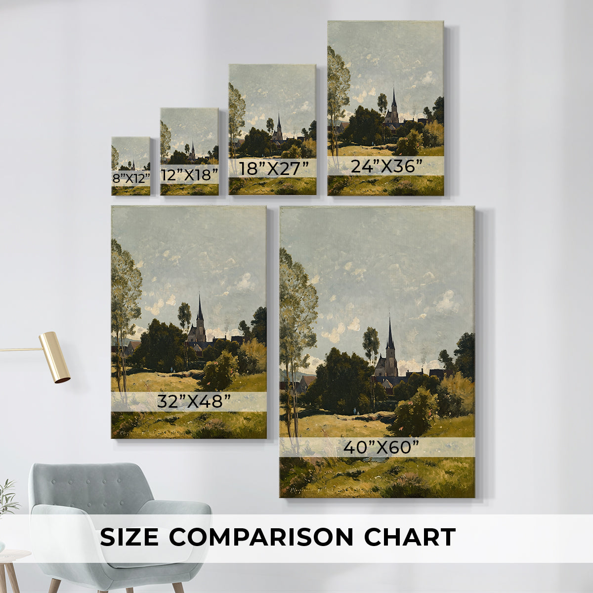 Size comparison chart for canvas art prints, showing multiple size options.