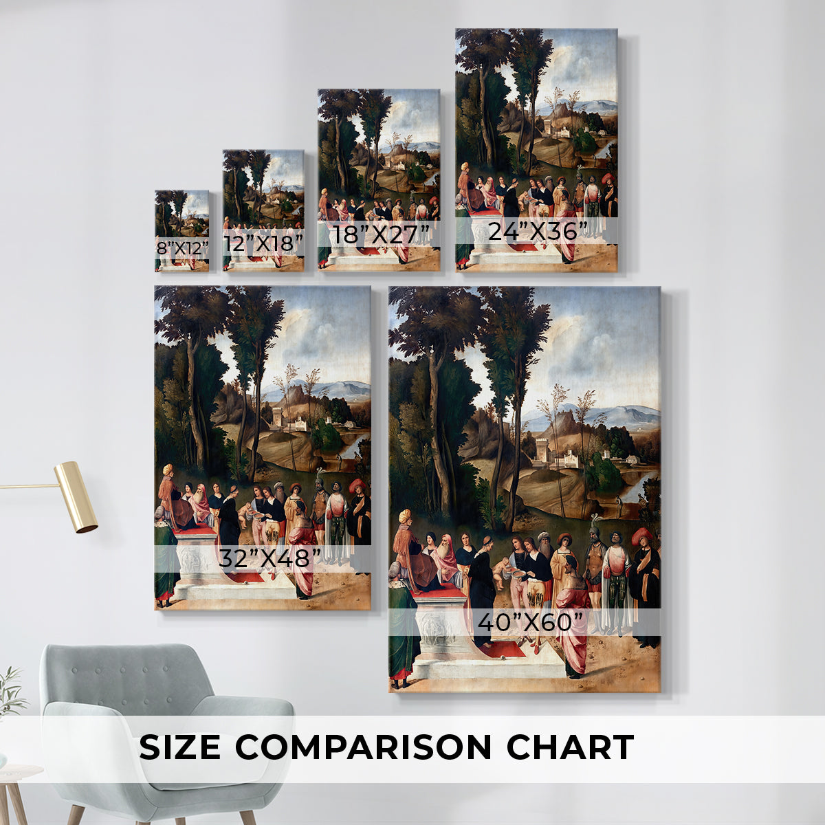 Size comparison chart for canvas art prints, showing multiple size options.