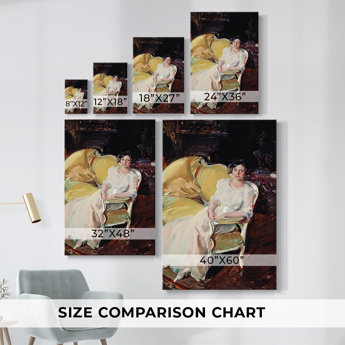 Size comparison chart for canvas art prints, showing multiple size options.