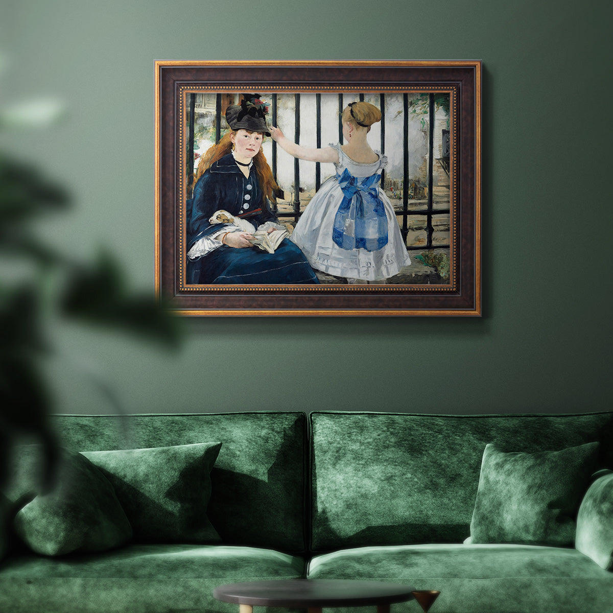 Impressionist urban scene near a railway by Édouard Manet in an ornate bronzed mahogany wood frame displayed in a dark-toned interior setting.