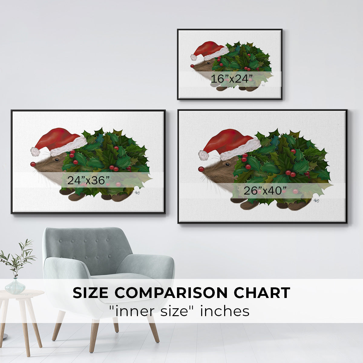 Christmas Holly Hedgehog - Framed Gallery Wrapped Canvas in Floating Frame