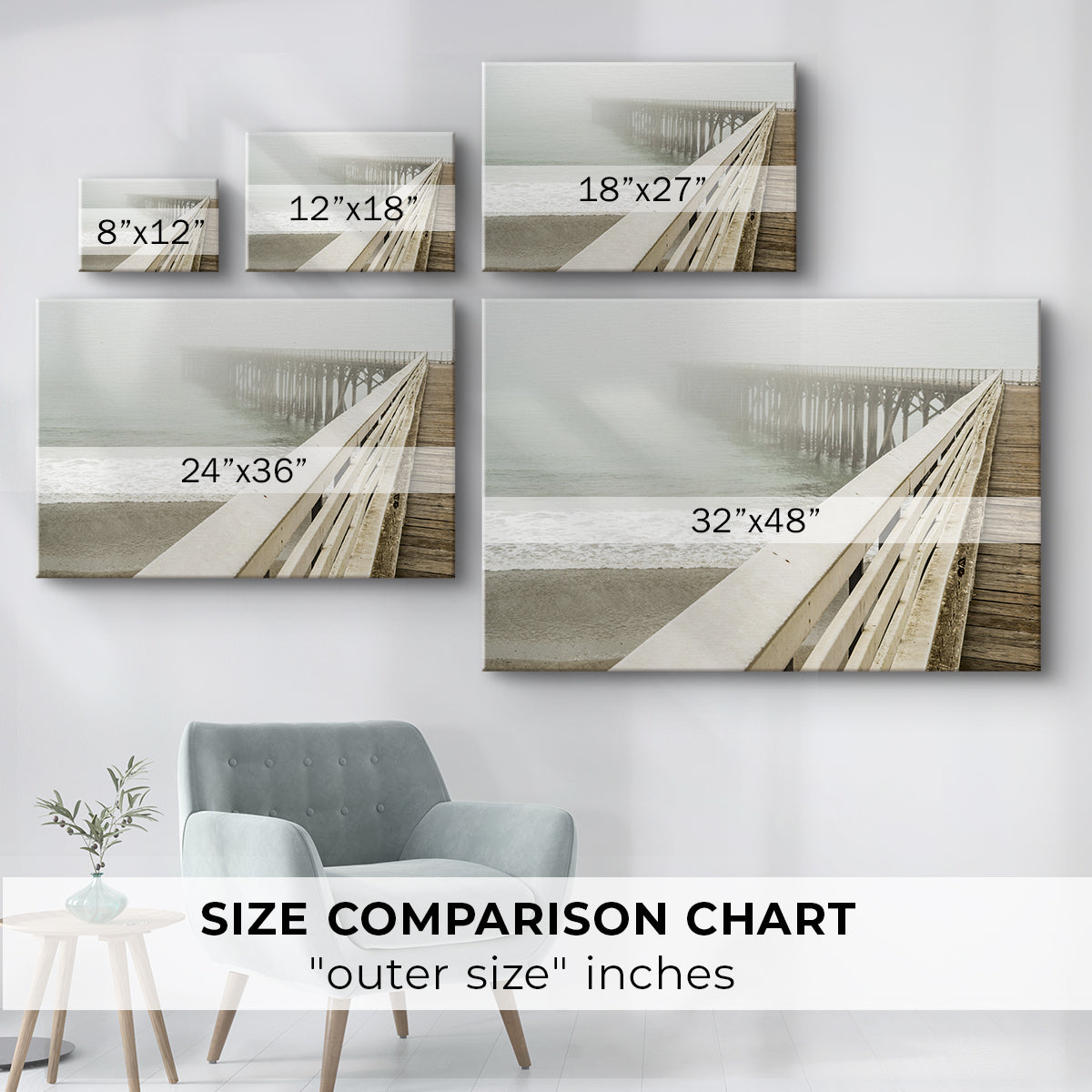 Fog envelops a pier while waves gently lap against the shore on a tranquil morning