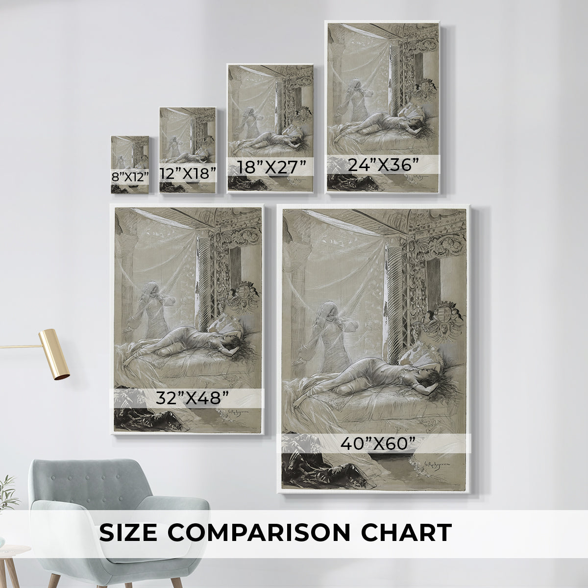 Size comparison chart for canvas art prints, showing multiple size options.