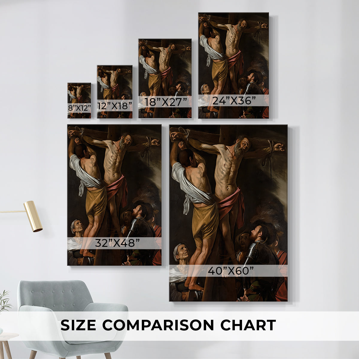Size comparison chart for canvas art prints, showing multiple size options.