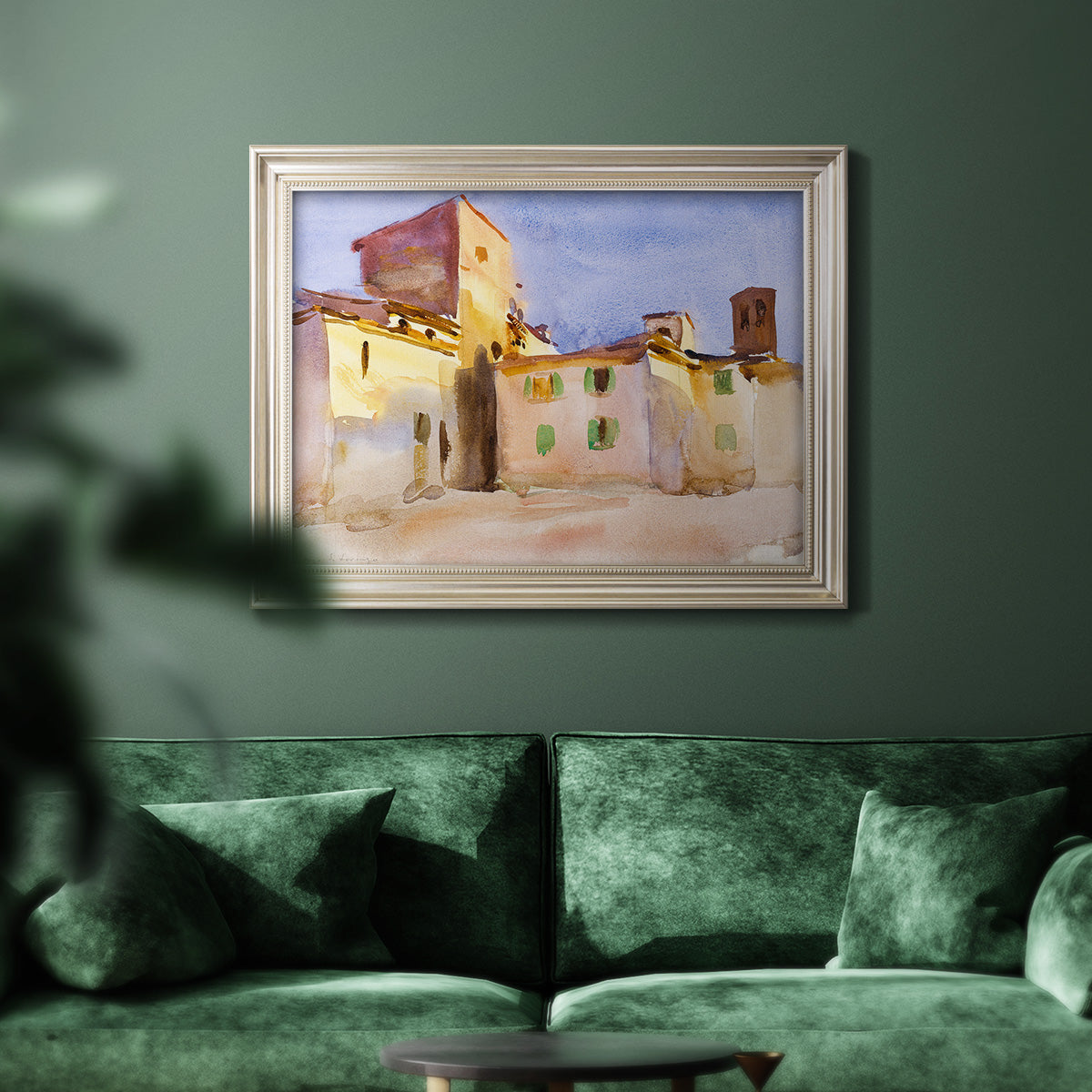 Impressionist Italian village scene by John Singer Sargent in an ornate champagne frame displayed in a dark-toned interior setting.