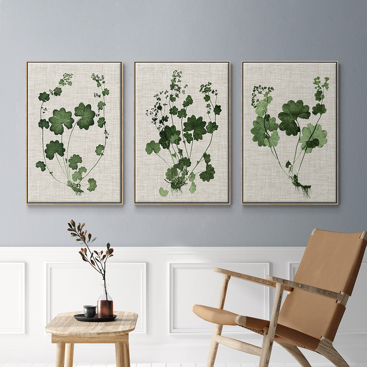 Forest Foliage on Linen I - Framed Premium Gallery Wrapped Canvas L Frame 3 Piece Set - Ready to Hang