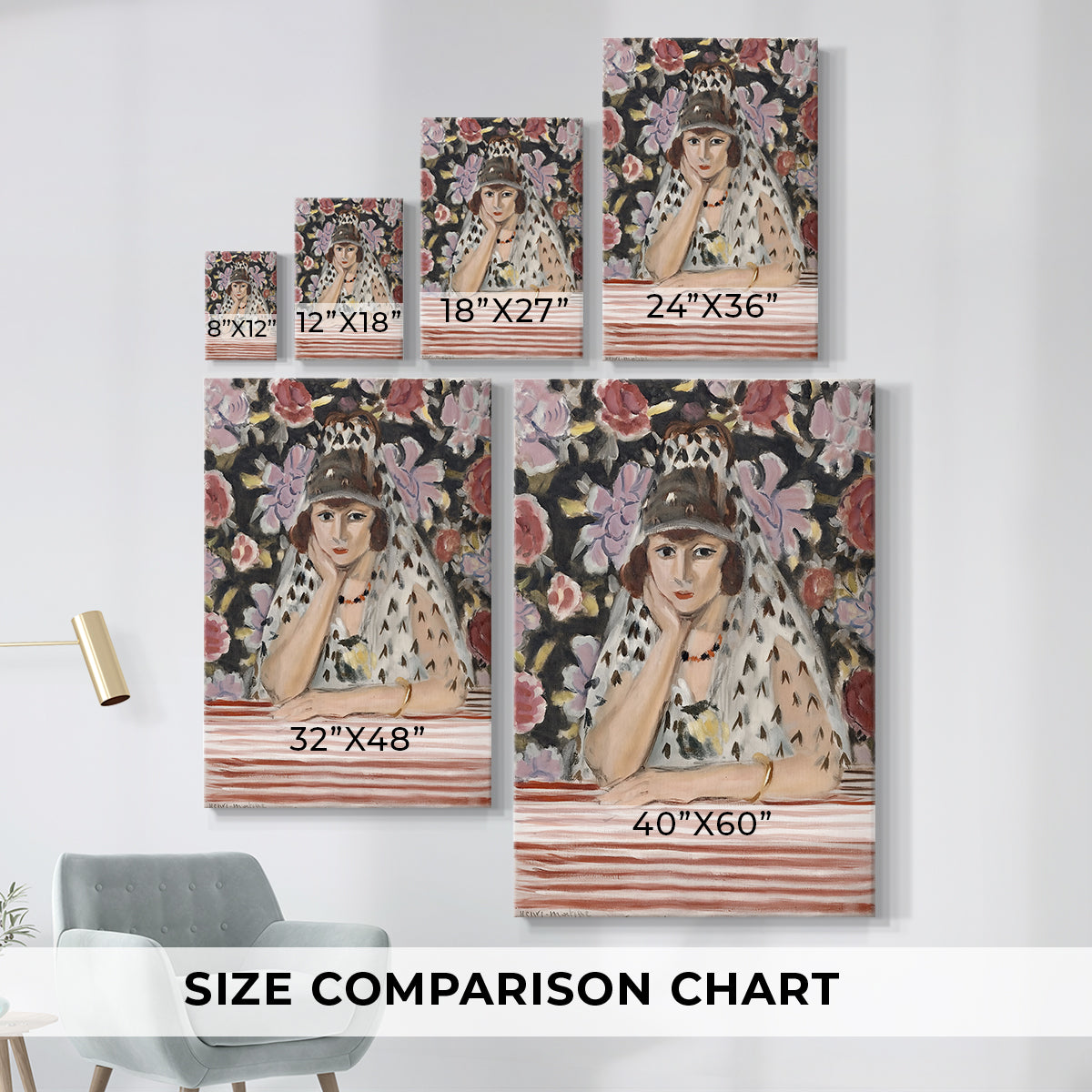 Size comparison chart for canvas art prints, showing multiple size options.