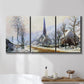 Three-panel canvas wall art featuring snow covered road leading to village, displayed in a bathroom above a bathtub.