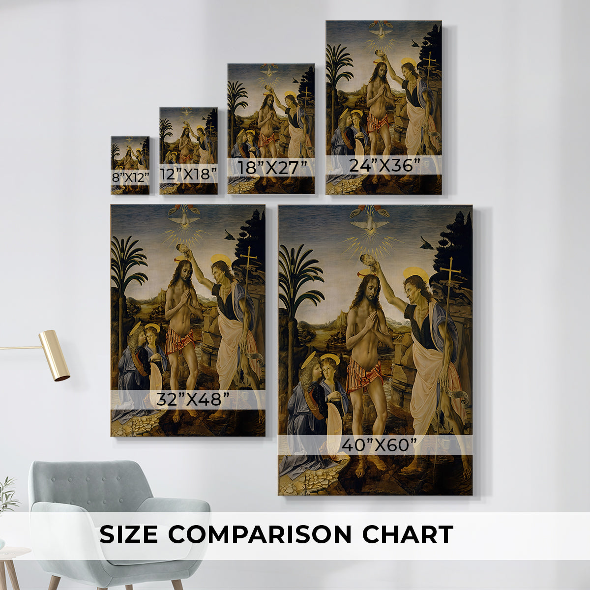 Size comparison chart for canvas art prints, showing multiple size options.