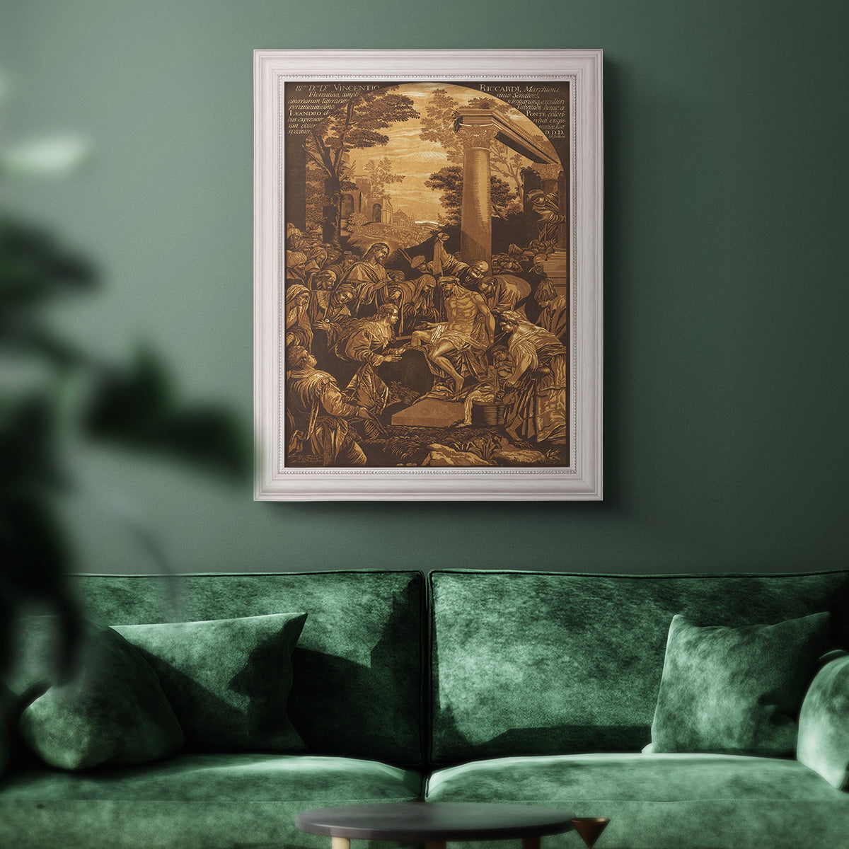 Monochrome religious painting of the raising of Lazarus by Leandro Bassano in an ornate weathered white frame displayed in a dark-toned interior setting.