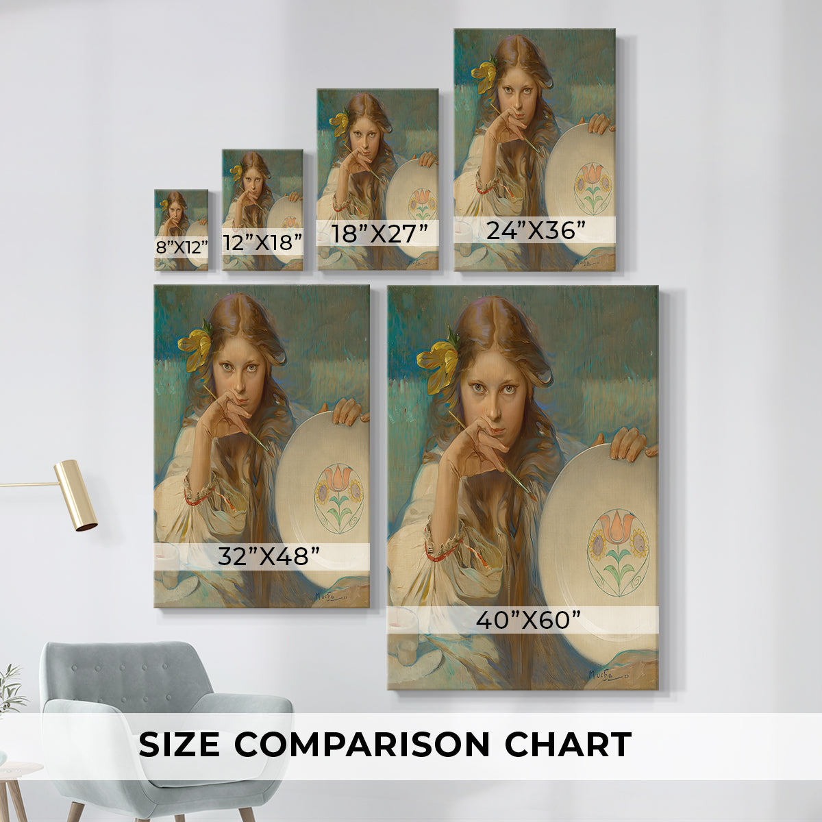 Size comparison chart for canvas art prints, showing multiple size options.