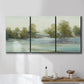 Three-panel canvas wall art featuring calming scenic landscape view, displayed in a bathroom above a bathtub.